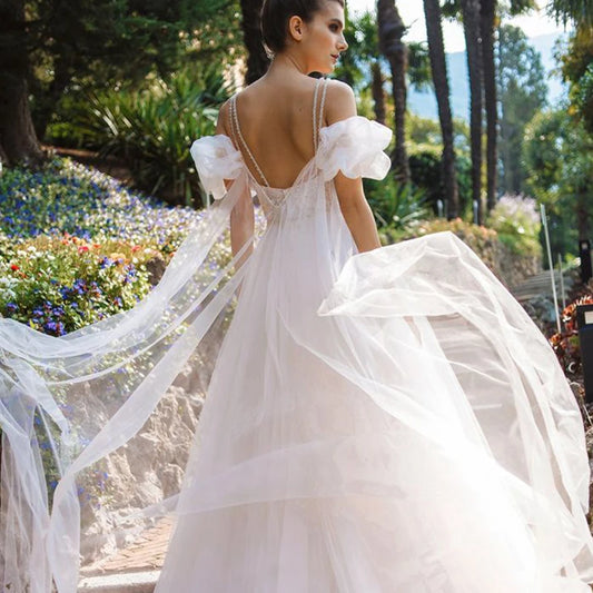 Modern V Neck Wedding Dresses For Women Off Shoulder Lace Appliques Beaded Vestido De Novia Court Train Bridal Gown