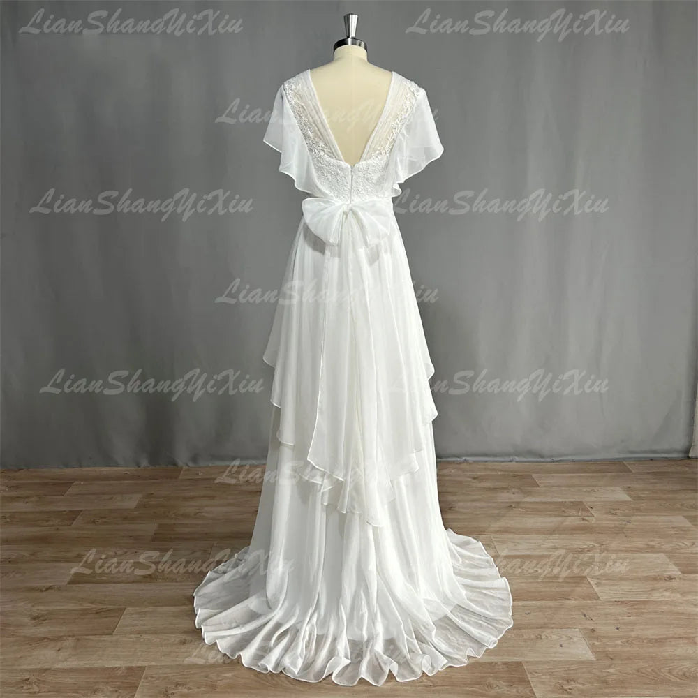 Abiti da sposa a V-Neck Boho in linea una linea a maniche corte lungo il pavimento senza pavimento abiti da sposa da sposa a boemo