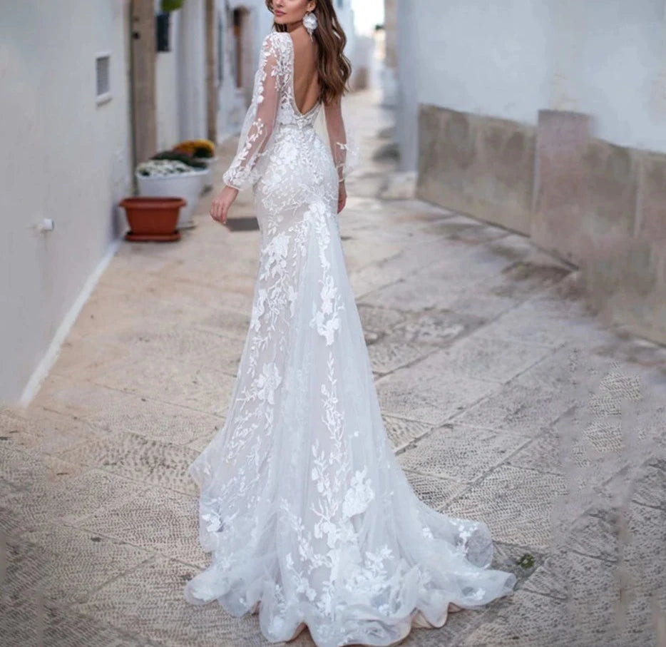 Robes de mariée de sirène de tulle de luxe sans dos 2024 Appliques en dentelle à manches longues V Vestidos de nuée blanc à col