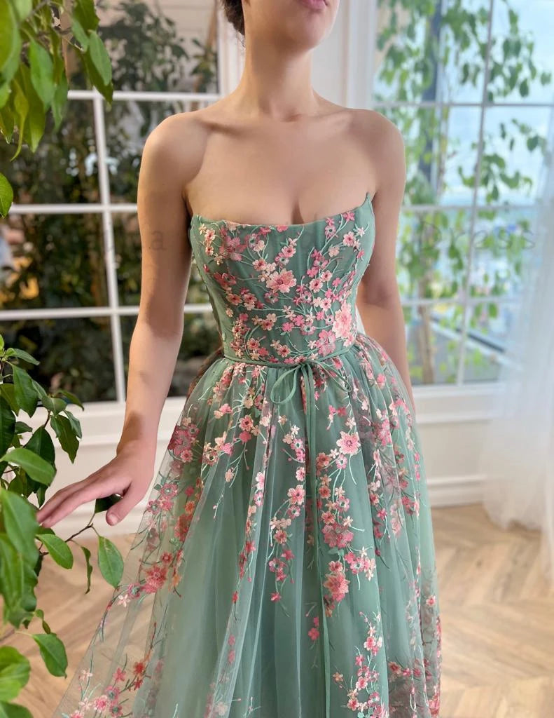 Abiti da ballo di tulle verde salvia per adolescenti ragazze con ricami in pizzo rosa vestito per feste di compleanno lungo il tè a-line ف (200n فdren السهرة