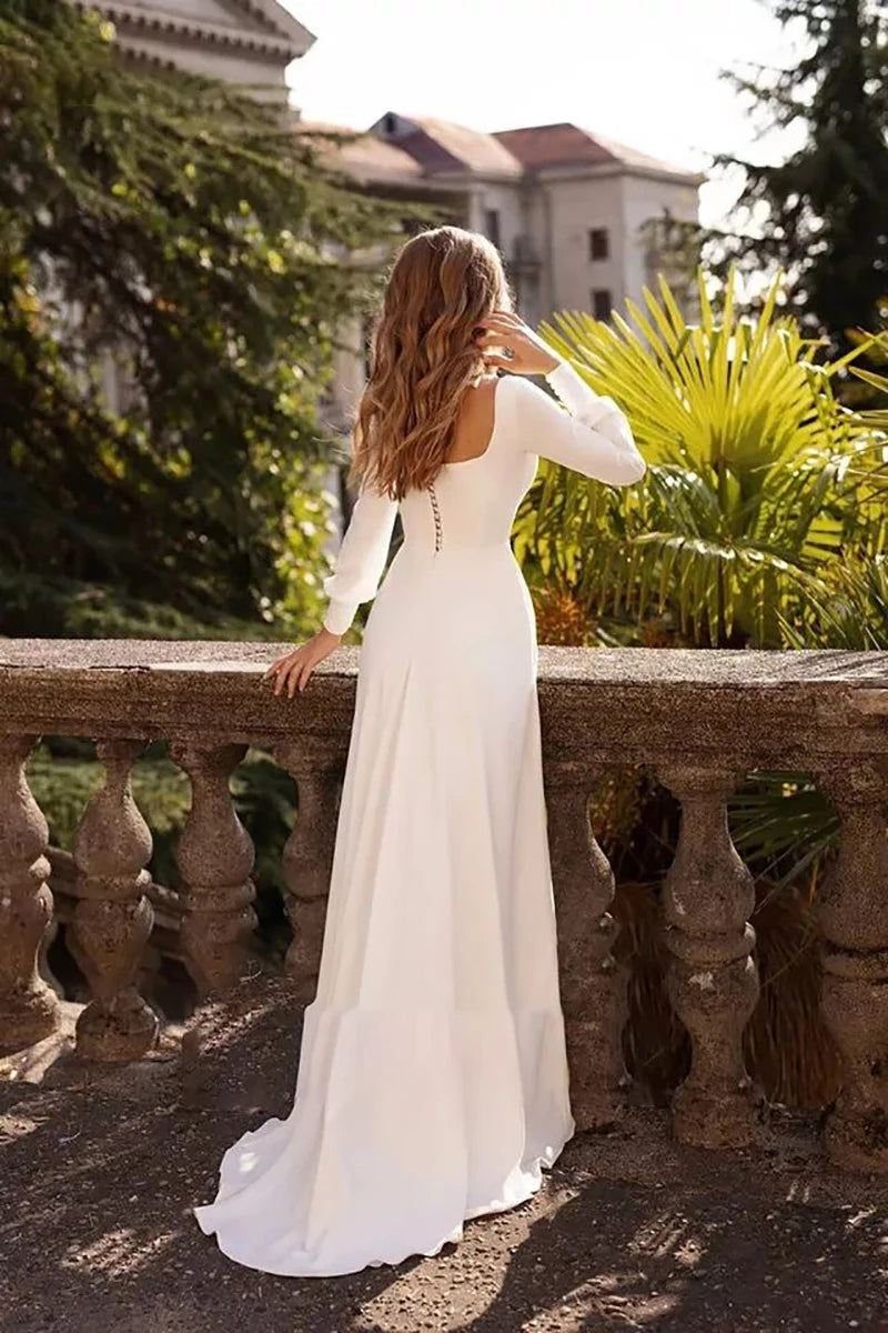 Robe de mariée blanche simple Collier carré à manches longues une ligne pour la mariée Classic Back avec bouton vestido casamento civil personnaliser