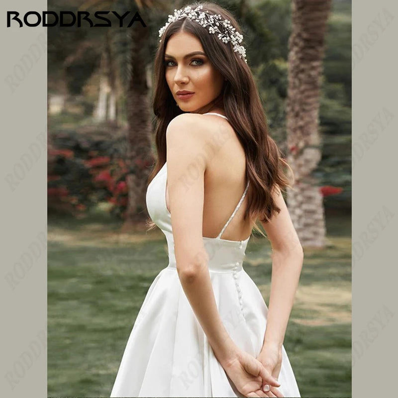 RODDRSYA Princess Wedding Dresses Short V-Neck Bridal Party Romantic Backless Robe De Soirée Satin Spaghetti Strap Bride Gown