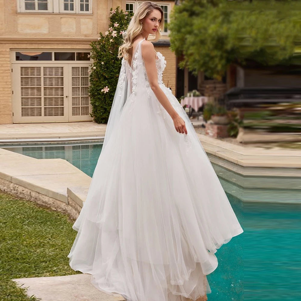 Gorgeous Sleeveless Tulle Wedding Dresses for Women Sheer Straps Bridal Growns with White Flowers Vestidos De Novia Backless