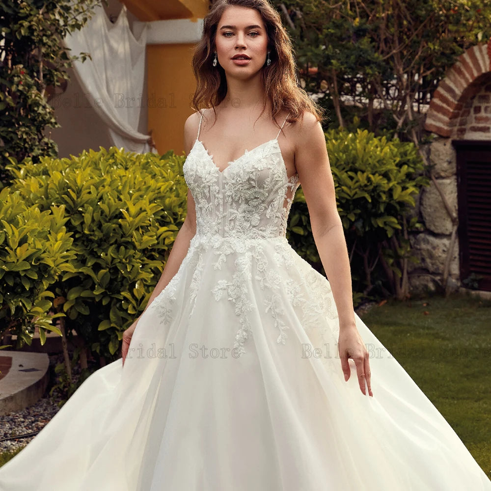 Sexy Spaghetti Strap Wedding Dresses V Neck Sleeveless Bridal Gowns Appliques Sweep Train A-line Tulle Vestidos De Novia 2023