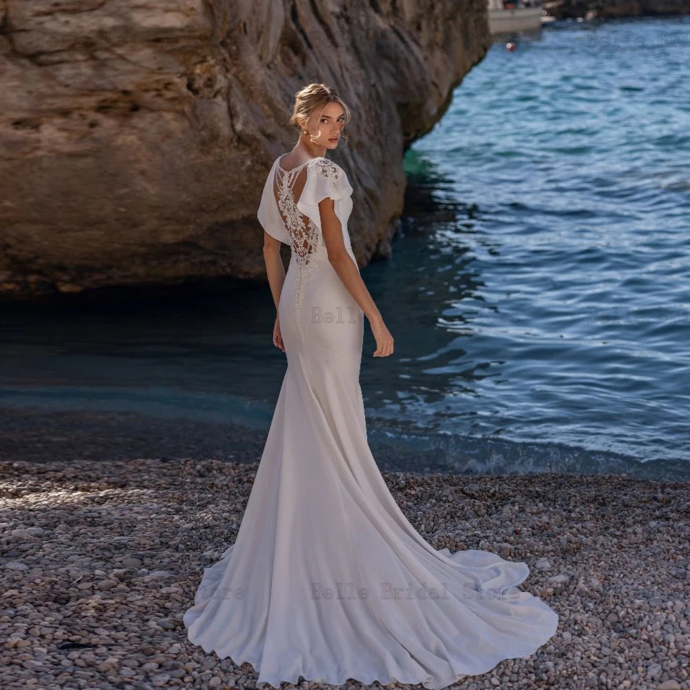 Elegantes vestidos de novia de sirena de sirena V cuello mangas cortas cultivadas nupciales apliques sin espalda vestidos blancos de novia 2023