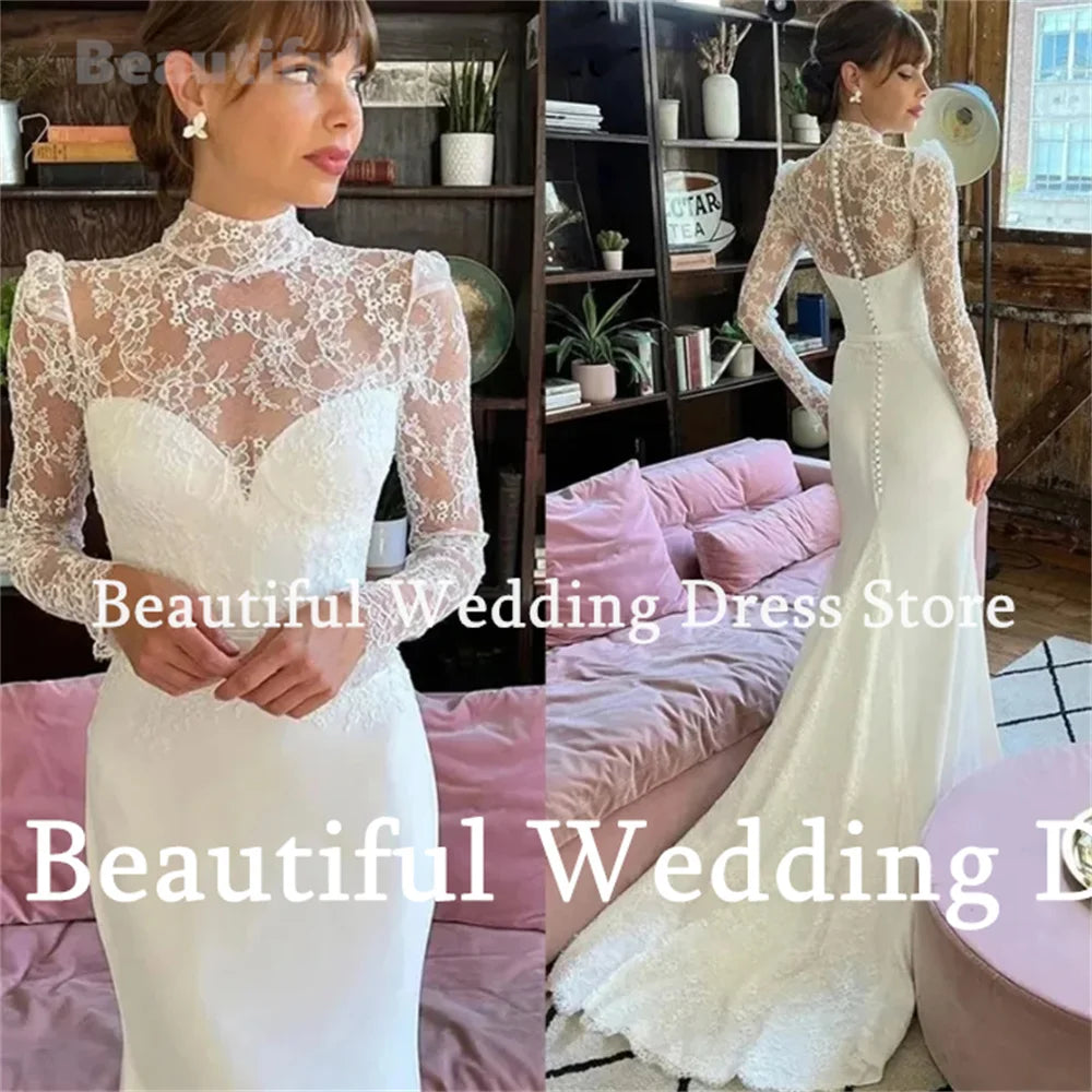 Wedding Dress For Women Lace High Neck Long Sleeves Mermaid Satin Slimming Vestidos de novia 2024 Floor-Length Bridal Gown