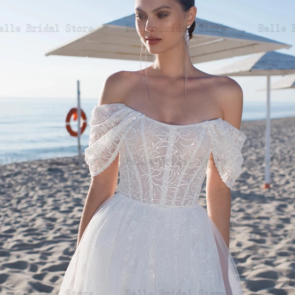 Off the Shoulder Wedding Dresses Tulle A-Line Bridal Gowns Lace Appliques Back Zipper Sweep Train Tulle Vestidos De Novia 2024