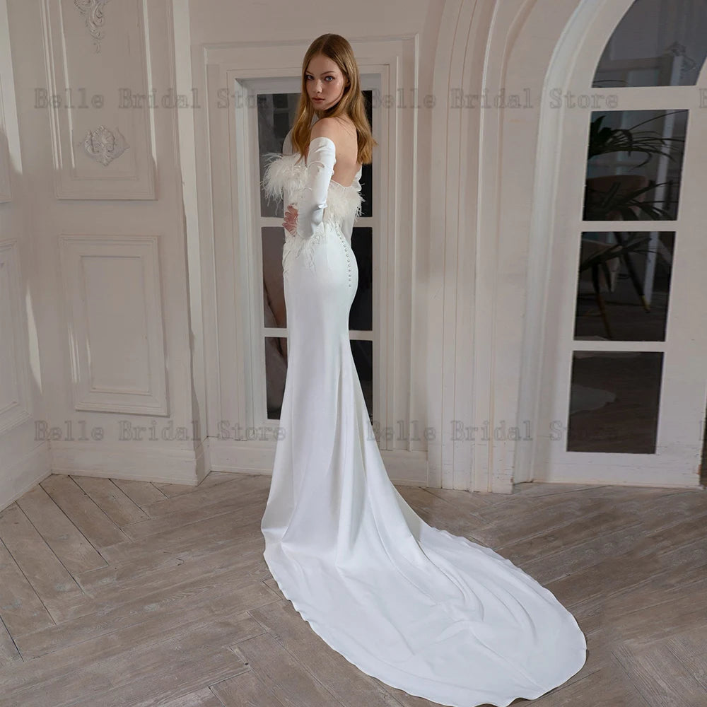 Elegant Wedding Dresses Strapless Long Sleeves Mermaid Bridal Gowns Pleat Feather Beads Back Button Sweep Train Robe De Mariee