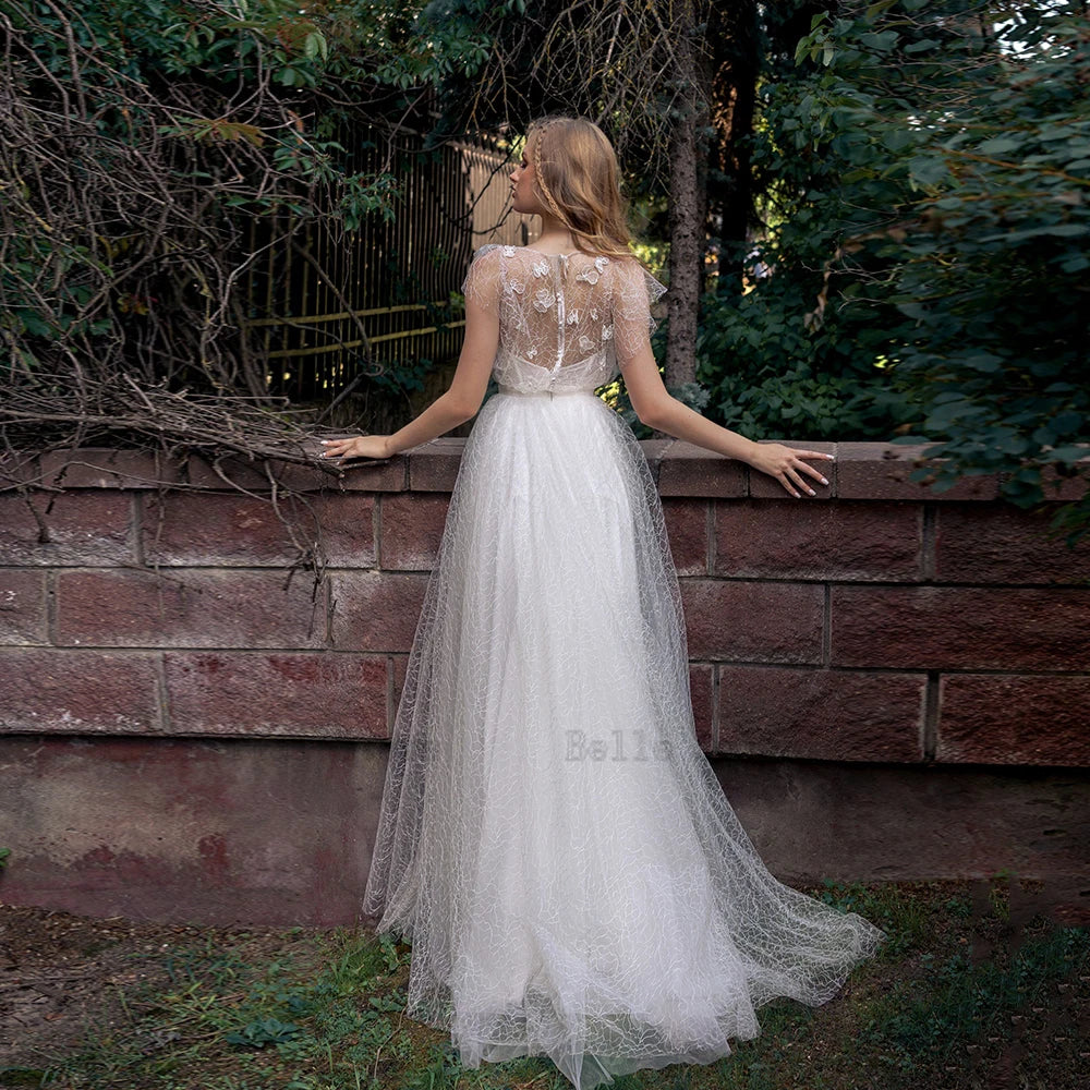 Vestidos de noiva de renda clássicos para mulher o pescoço mangas de boné de noiva crescido