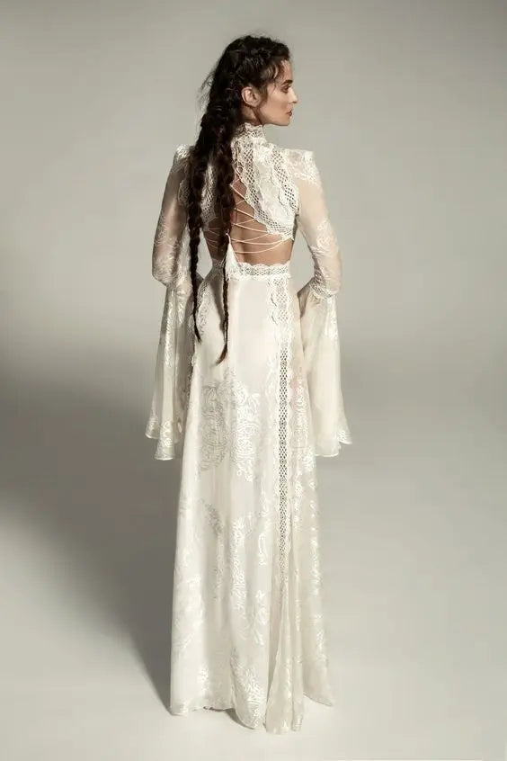 Bohemian Beach Wedding Dresses 2024 Full Lace Applique Mermaid Long Sleeve Summer Holiday Country Birdal Gown