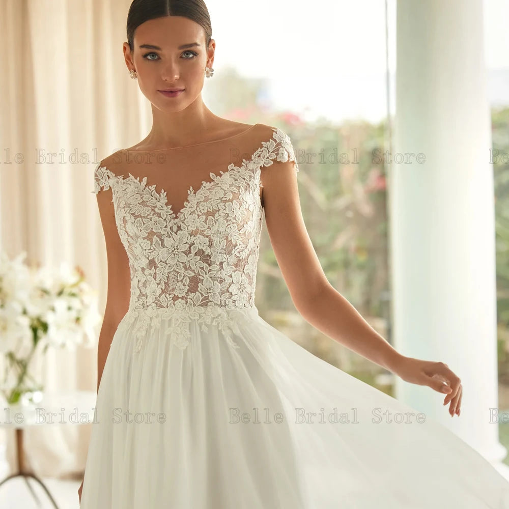 Elegant Chiffon Wedding Dresses O Neck Cap Sleeves Bridal Gowns Appliques Back Button Floor Length A-Line Vestidos De Novia 2024