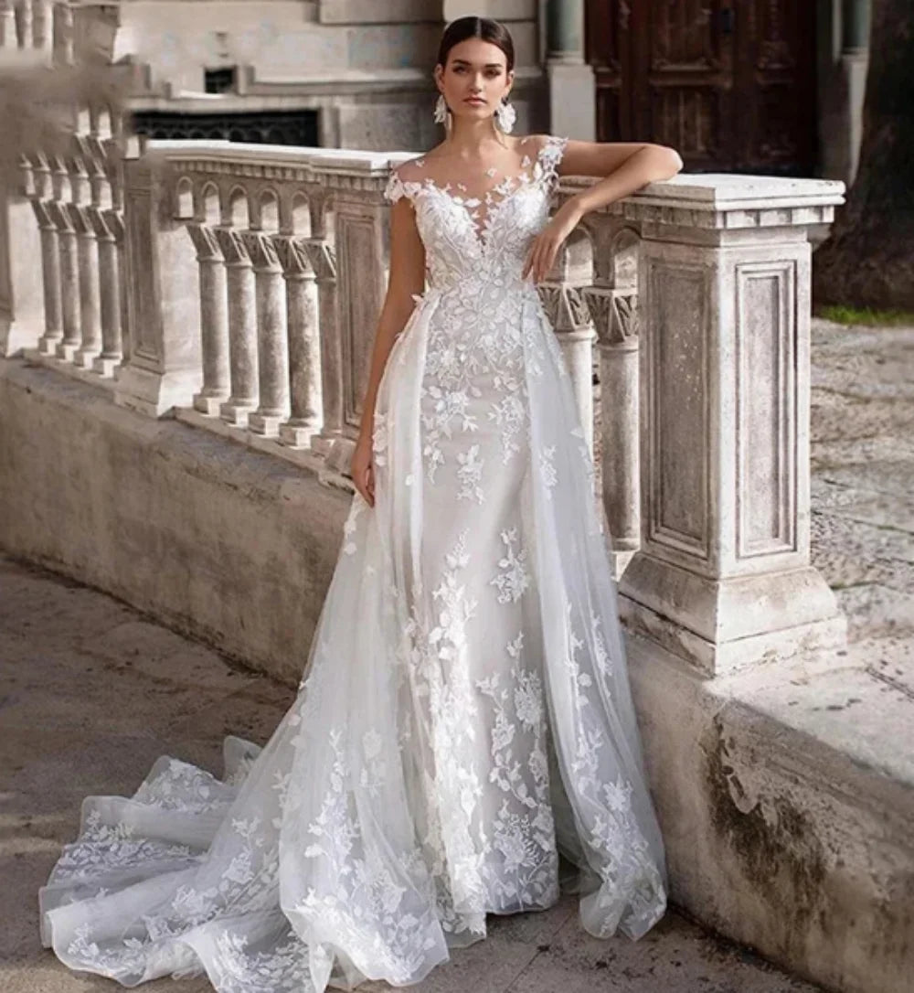 2024 Elegante vestido de novia de lujo Tulle Tul Smoop Mangas de encaje sin espalda Apliques Vestidos de novia فسار "Vestidos de novia