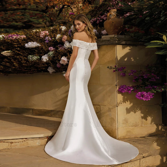 Classic Off Shoulder Wedding Dresses Boat Neck Sleeveless Bridal Gowns Lace Floor Length Mermaid Satin Vestidos De Novia 2024