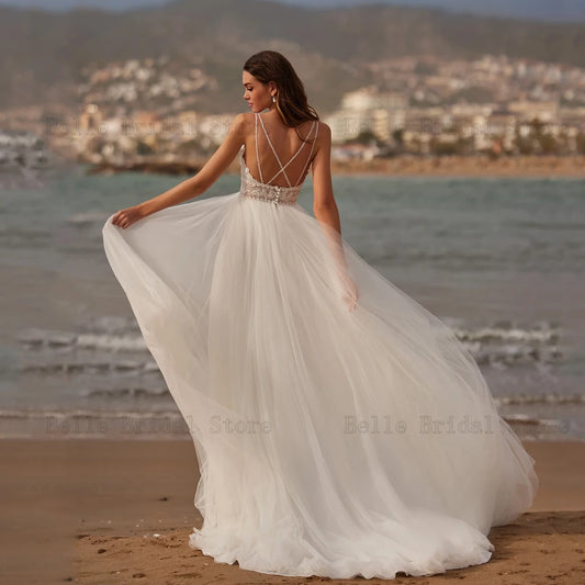 Beach Tulle Wedding Dresses Deep V Neck Sleeveless Bridal Gowns Appliques Back Button Floor Length A-Line Vestidos De Novia 2024