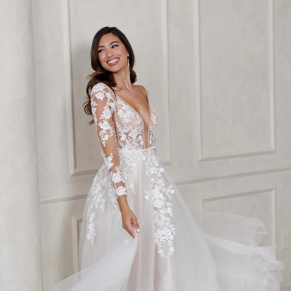 Splendidi abiti da sposa con scollo a V per donne 3/4 maniche da sposa con fiori bianchi vestidos de noni.