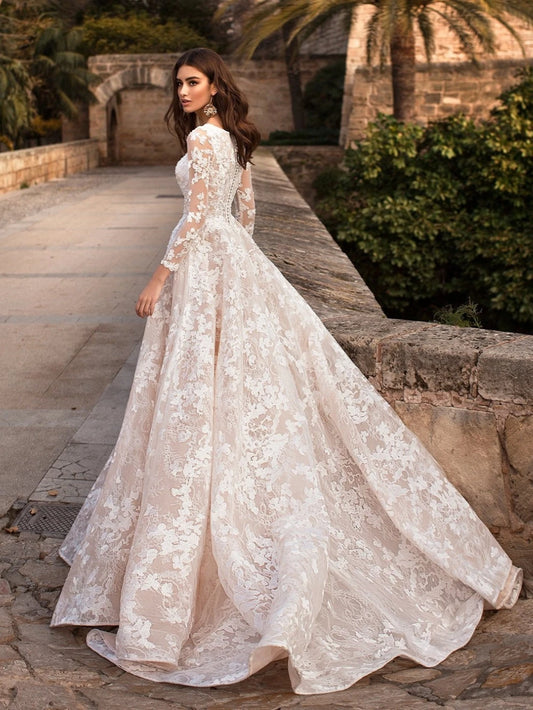 Modest O-neck Long Sleeve Wedding Dress Classic Lace Appliques Bride Robe 2024 Elegant A-line Long Bridal Gown Robe De Mariée