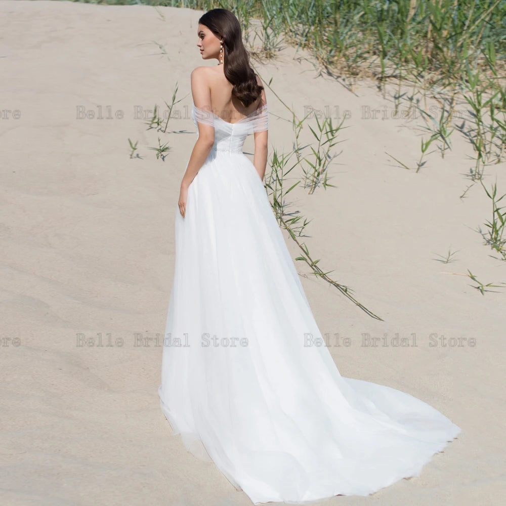 Sexy Off the Shoulder Wedding Dresses Sleeveless A-Line Bridal Gowns Beadings Sweep Train Front Slit Tulle Vestidos De Novia