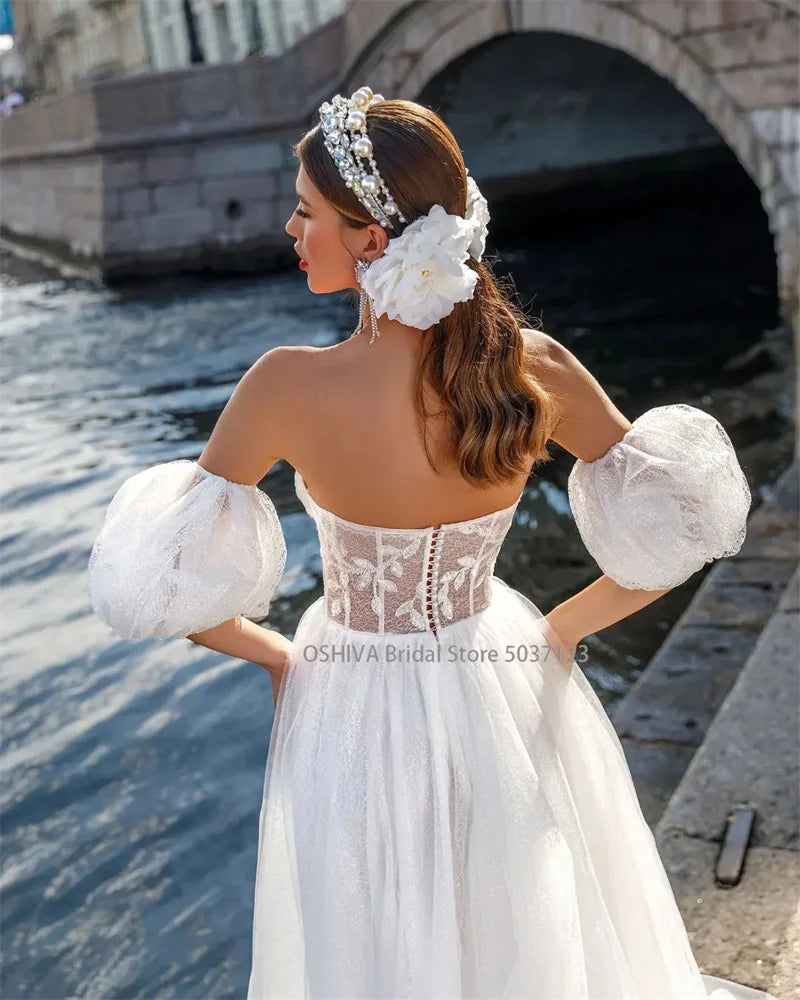 Modest Sweetheart Neck Beach A-Line Wedding Dresses Detachable Puff Sleeves Lace Appliques Bridal Gowns Vestidos De Noiva