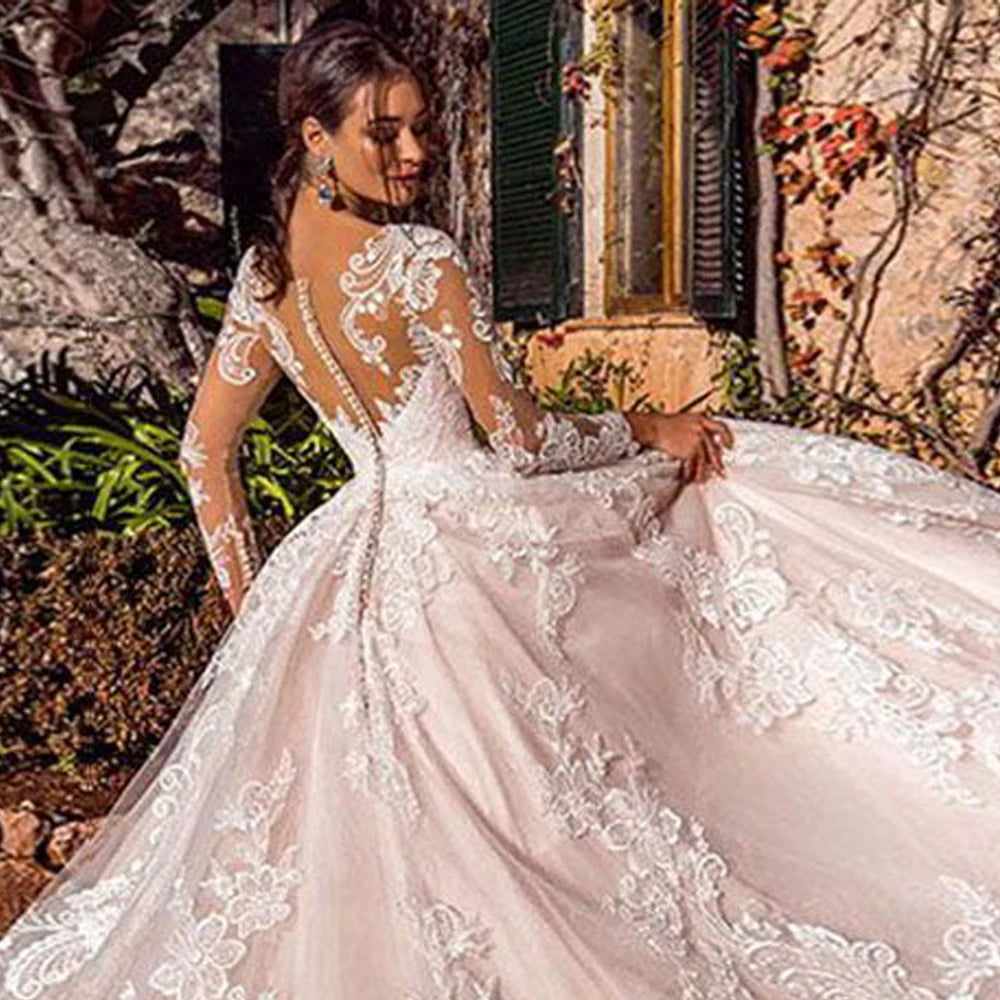 FISA Gorgeo di pizzo Abito da sposa a maniche lunghe 2024 Appliques Abito da sposa Illusi