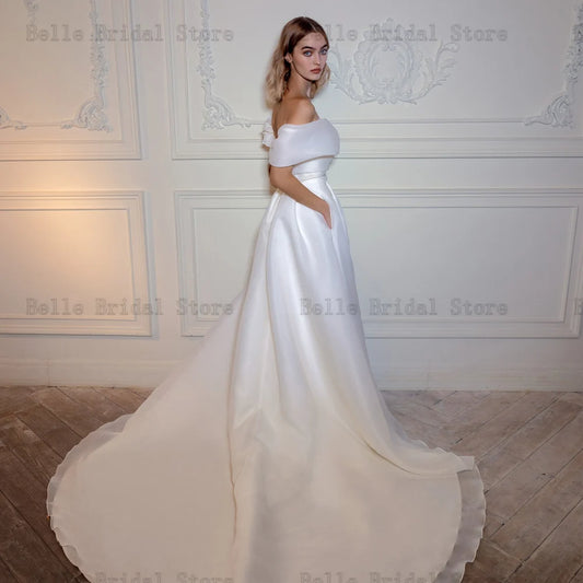 Sexy Wedding Dresses Off the Shoulder A-Line Bridal Gowns Illusion Flowers High Slit Sweep Train Organza Vestidos De Novia 2023