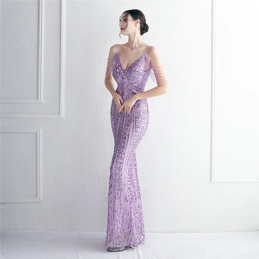 YIDINGZS Women Lavender Sequin Dress Strap Beading Party Maxi Dress Sexy V Neck Evening Dress Long Prom Dress