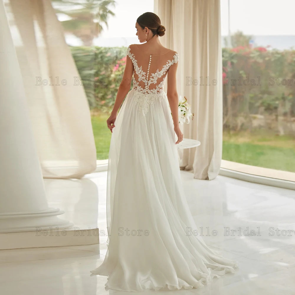 Elegant Chiffon Wedding Dresses O Neck Cap Sleeves Bridal Gowns Appliques Back Button Floor Length A-Line Vestidos De Novia 2024