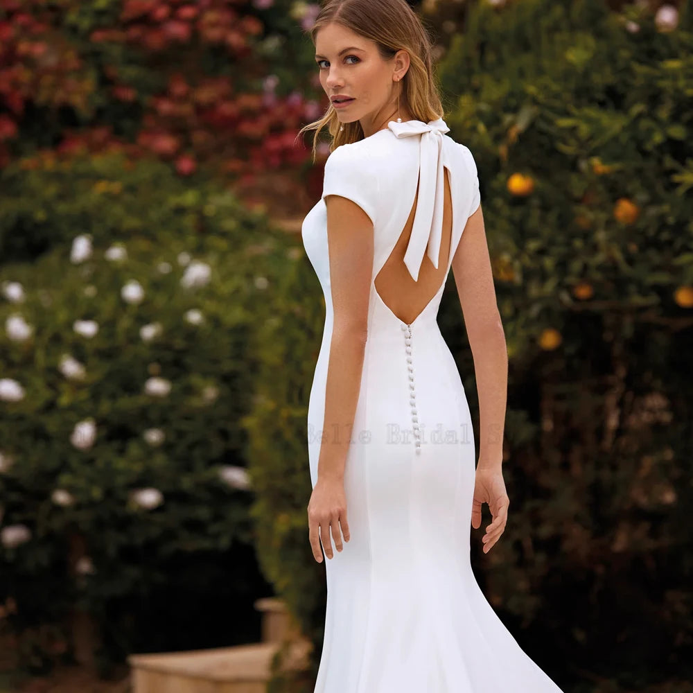 Simple Wedding Dresses Square Neck Short Sleeves Jersey Bridal Gowns Bow Backless Floor Length Mermaid Vestidos De Novia 2024