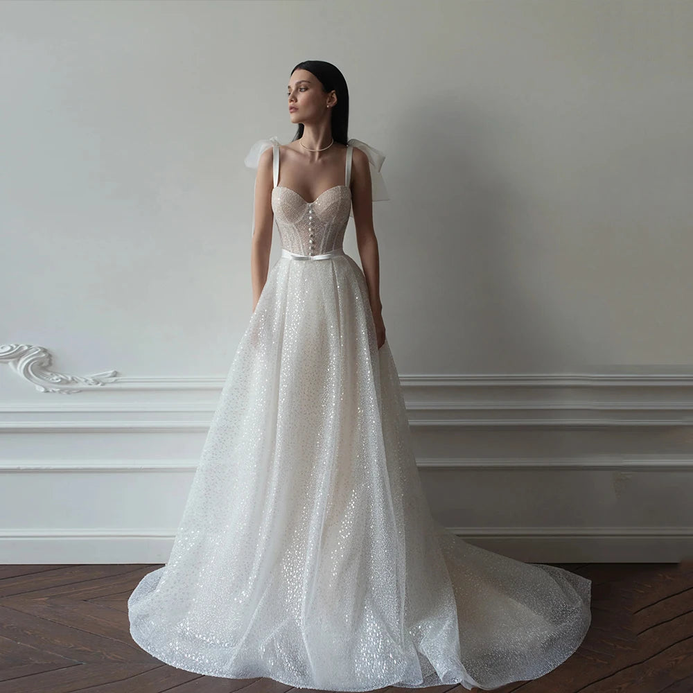 Abiti da sposa a torro a cuore glitter a cuore spaghetti cinghie abiti da sposa paillettes sweep illusion tulle a-line свадебное платье