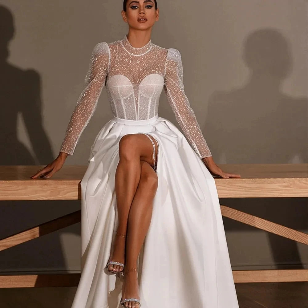 Sparking Thigh High Slits Beach Wedding Dresses Sequin Top Long Sleeve Bridal Gowns A Line Boho Banquet Vestidos De Novia