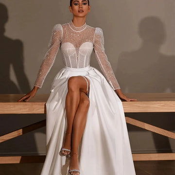 Sparking Thigh High Slits Beach Wedding Dresses Sequin Top Long Sleeve Bridal Gowns A Line Boho Banquet Vestidos De Novia