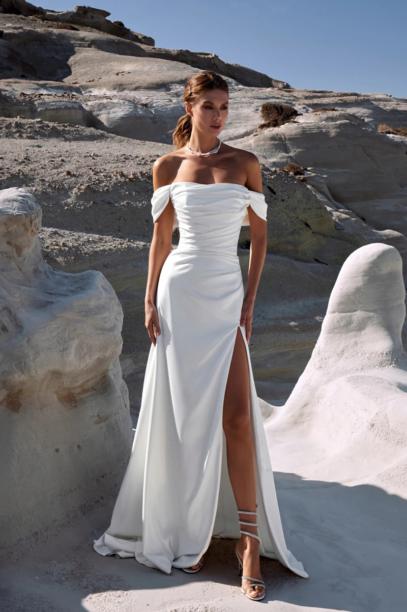 Elegante vestido de novia de satén fuera del hombro Slit A-line para las mujeres personalizadas a medidas ROBE DE MARIEE ELEGANT