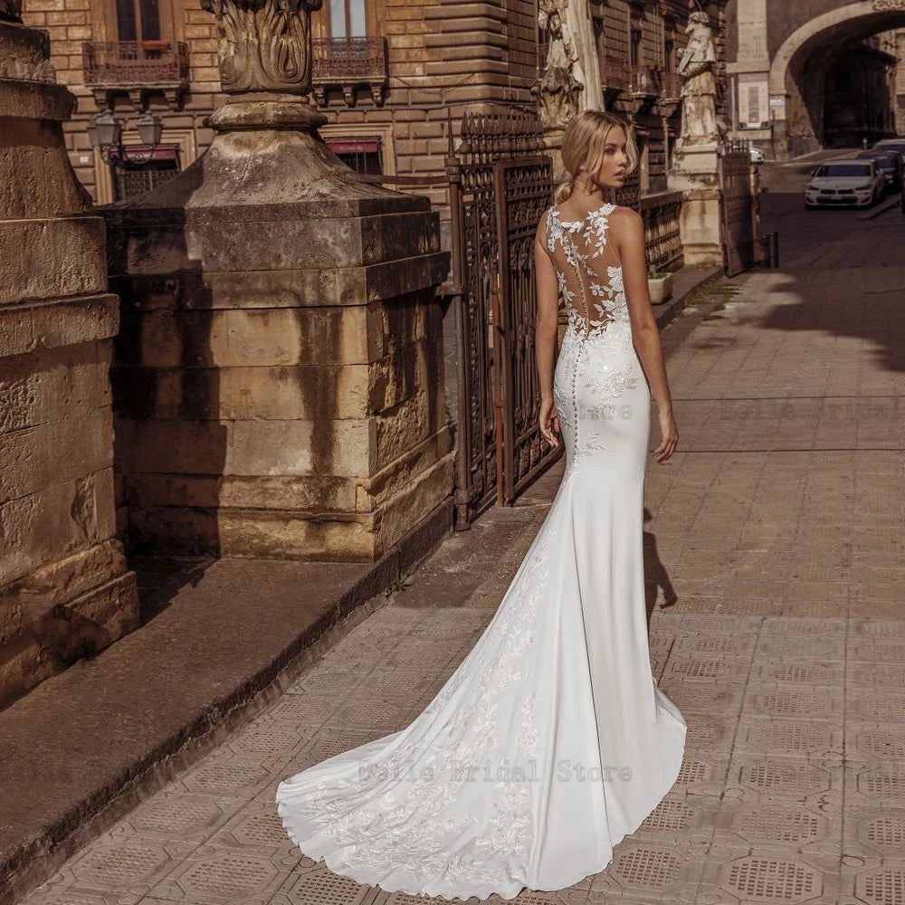 Elegant Wedding Dresses V Neck Sleeveless Mermaid Bridal Growns Appliques Pleat Illusion Sweep Train Vestidos De Novia 2023