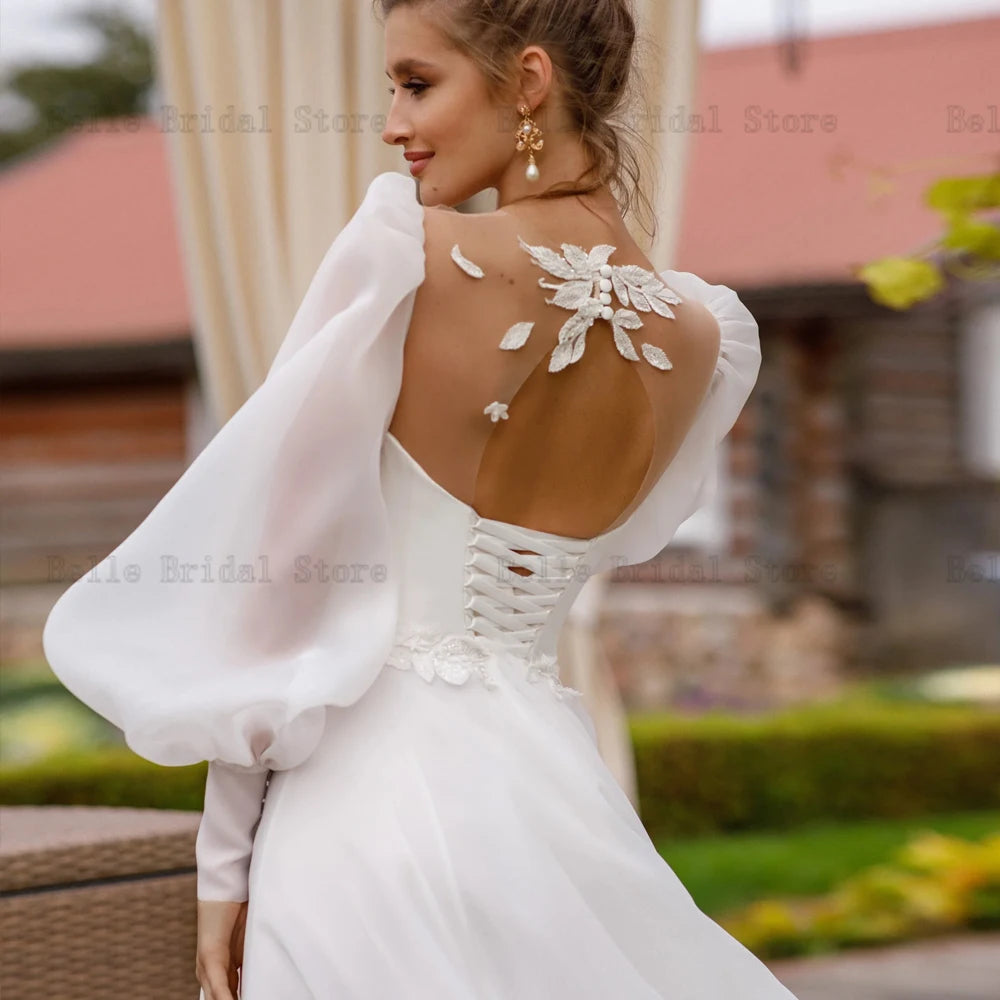 Eleganti abiti da sposa a V sul collo Maniche lunghe abiti da sposa Appliques Illusion Sweep Trein Flitta anteriore A-Line Vestidos de nobu 2024