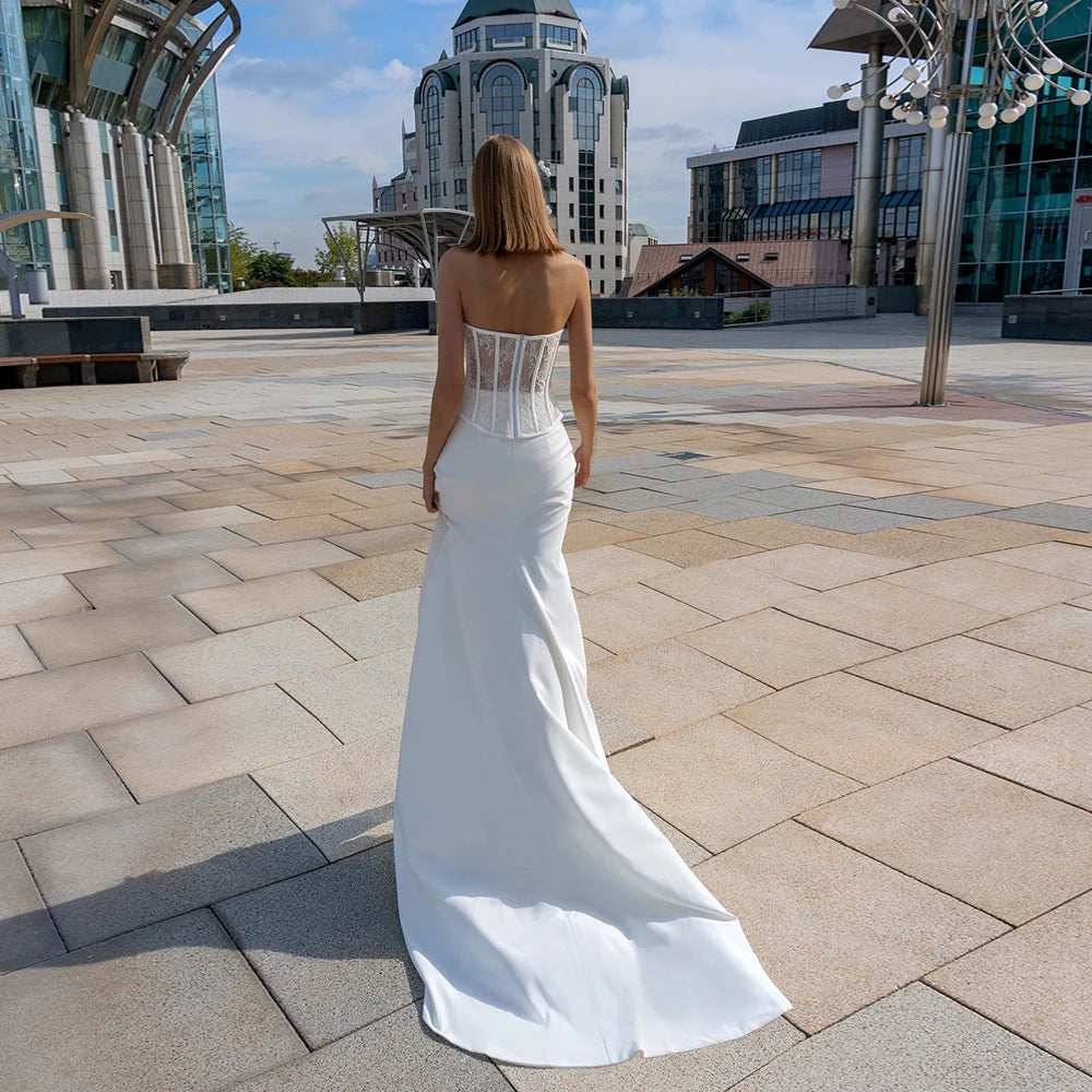 Robes de mariée sans manches simples pour femmes sans bretelles partout à l'avant divisé avec des vestidos appliques blancs de novia sans dossier