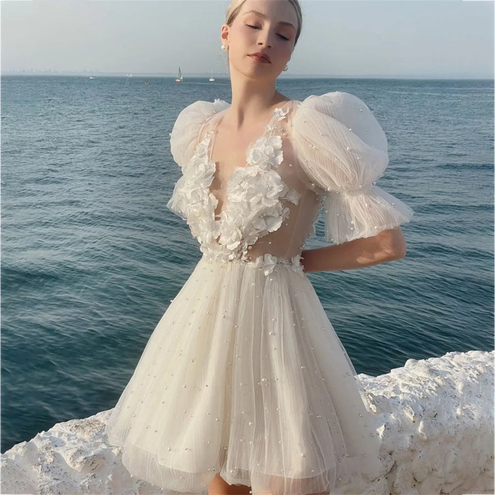 V-Neck Short Simple Wedding Dress For Women A-Line Organza Modern Bridal Gown Puff Sleeves Backless Robe De Mariée