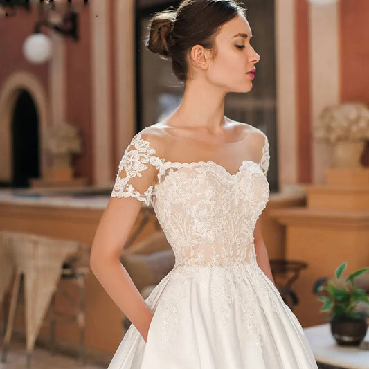 New Sweetheart Wedding Dresses Satin A-Line Appliques Button Backless Off The Shoulder Floor Length Bridal Robe De Mariée Custom