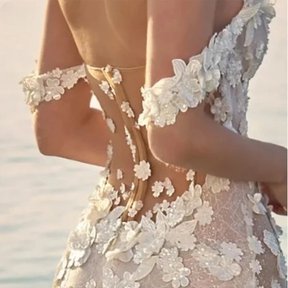 Sexy Mermaid Wedding Dress Modern Sweetheart Off the Shoulder 3D Flowers Illusion Back Bridal Gown