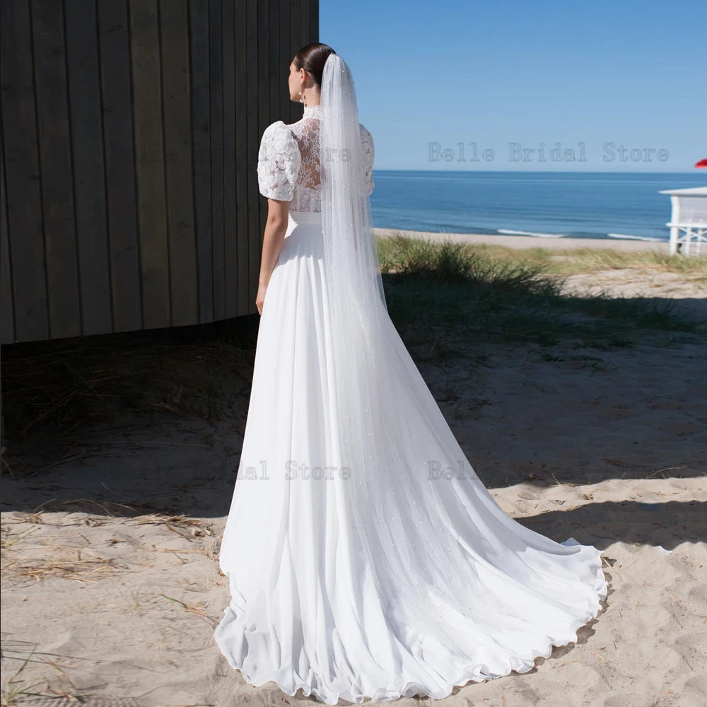 Elegant Chiffon Wedding Dresses High Neck Short Sleeves Bridal Gowns Lace Appliques Sweep Train A-Line Vestidos De Novia 2024