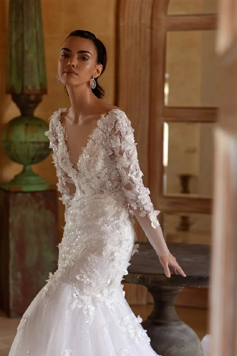 Superbe train long train sirène manche en plein air robe de mariée 3d lacev coue appliques florales v dos de robe de mariée arrière vestidos