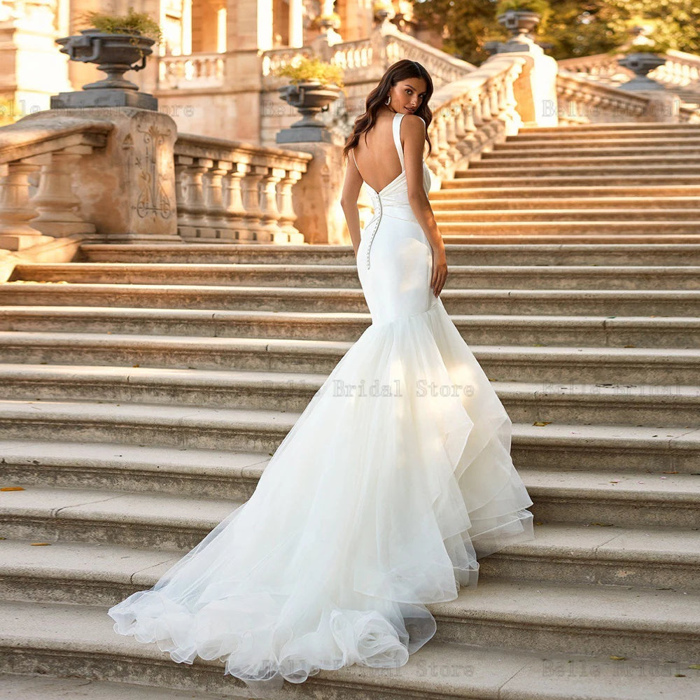 Elegantes vestidos de novia blanco para mujer V Cuello sin mangas Mermaid tul de nupcias Growns brotón de barrido Vestidos de novia