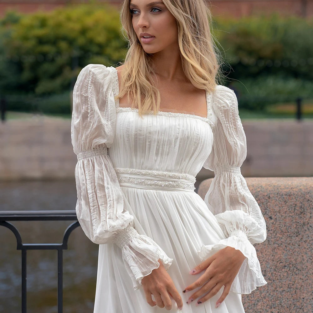 Elegant Chiffon Wedding Dresses Square Neck Long Puff Sleeves Bridal Gowns Pleat Backless Floor Length A-line Robe De Mariee