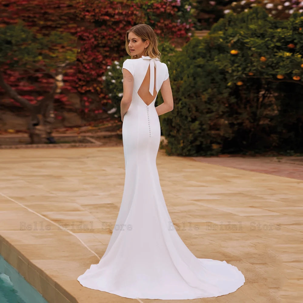 Simple Wedding Dresses Square Neck Short Sleeves Jersey Bridal Gowns Bow Backless Floor Length Mermaid Vestidos De Novia 2024