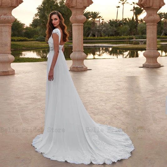 Simple A-Line Wedding Dresses O Neck Cap Sleeves Bridal Gowns Lace Backless Back Zipper Floor Length Jersey Vestidos De Novia