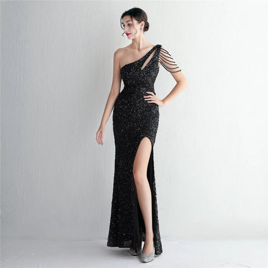 Sexy Slit Black Sequin Dress Women One Shoulder Beading Long Evening Dress Party Maxi Dress