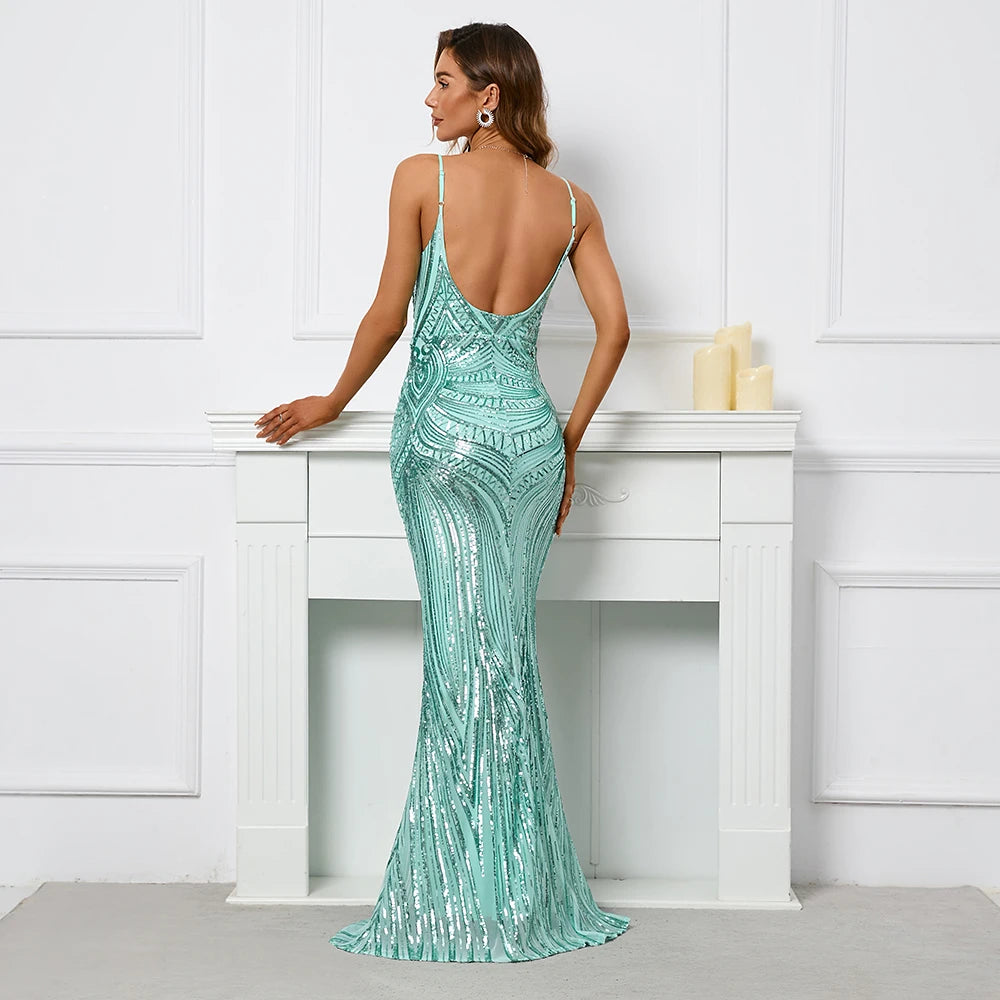 Women Strap Party Maxi Dress Sexy V Neck Evening Dress Light Green Sequin Dress Long Prom Dress 19330