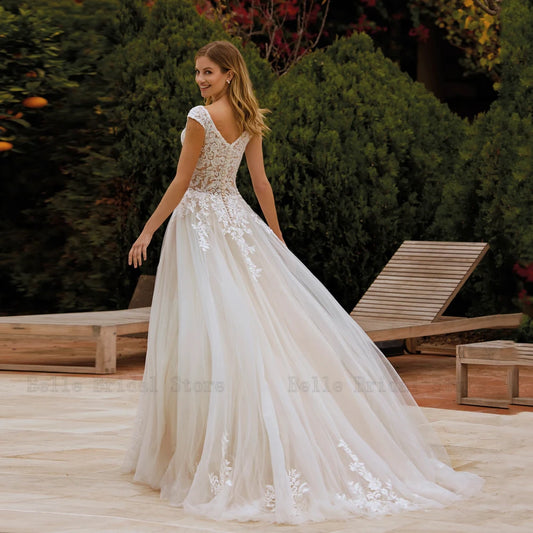Classic A-Line Wedding Dresses V Neck Cap Sleeves Bridal Gowns Appliques Illusion Floor Length Tulle Vestidos De Novia 2024