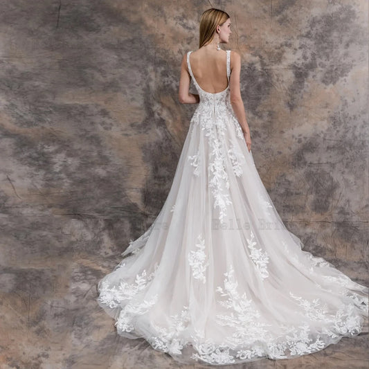Exquisite Tulle Wedding Dresses V Neck Sleeveless Bridal Gowns Appliques Backless Floor Length A-Line Vestidos De Novia 2024