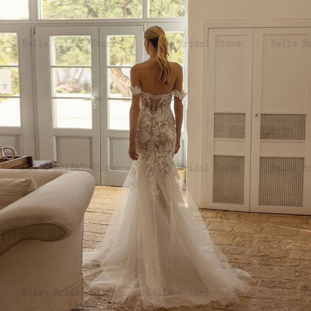 Abiti da sposa sirena sexy a cuore collo fuori dalla spalla cresciuta appliques lunghezza del pavimento tulle vestidos de noni 2023