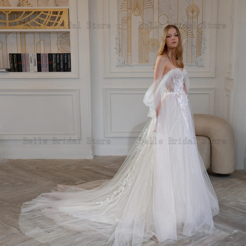 Sexy Sweetheart Neck Wedding Dresses Off the Shoulder Bridal Gowns Pearls Appliques Sweep Train A-Line Tulle Robe De Mariee 2023