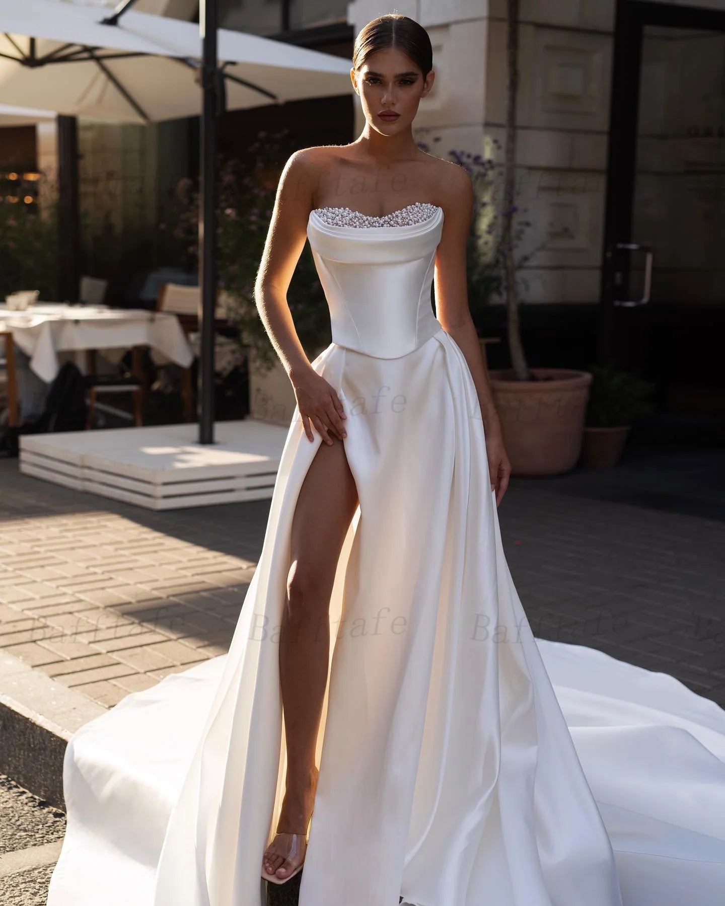 Bafftafe A Line Soft Satin Long Wedding Gowns 2 Pieces Pearls High Split Formal Bridal Dress Court Train Women Wedding Dresses